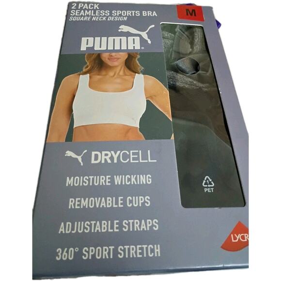 Puma Women Seamless Sports Bra 2 Pack Black Gray Square Neck Size Medium NEW - Picture 1 of 2